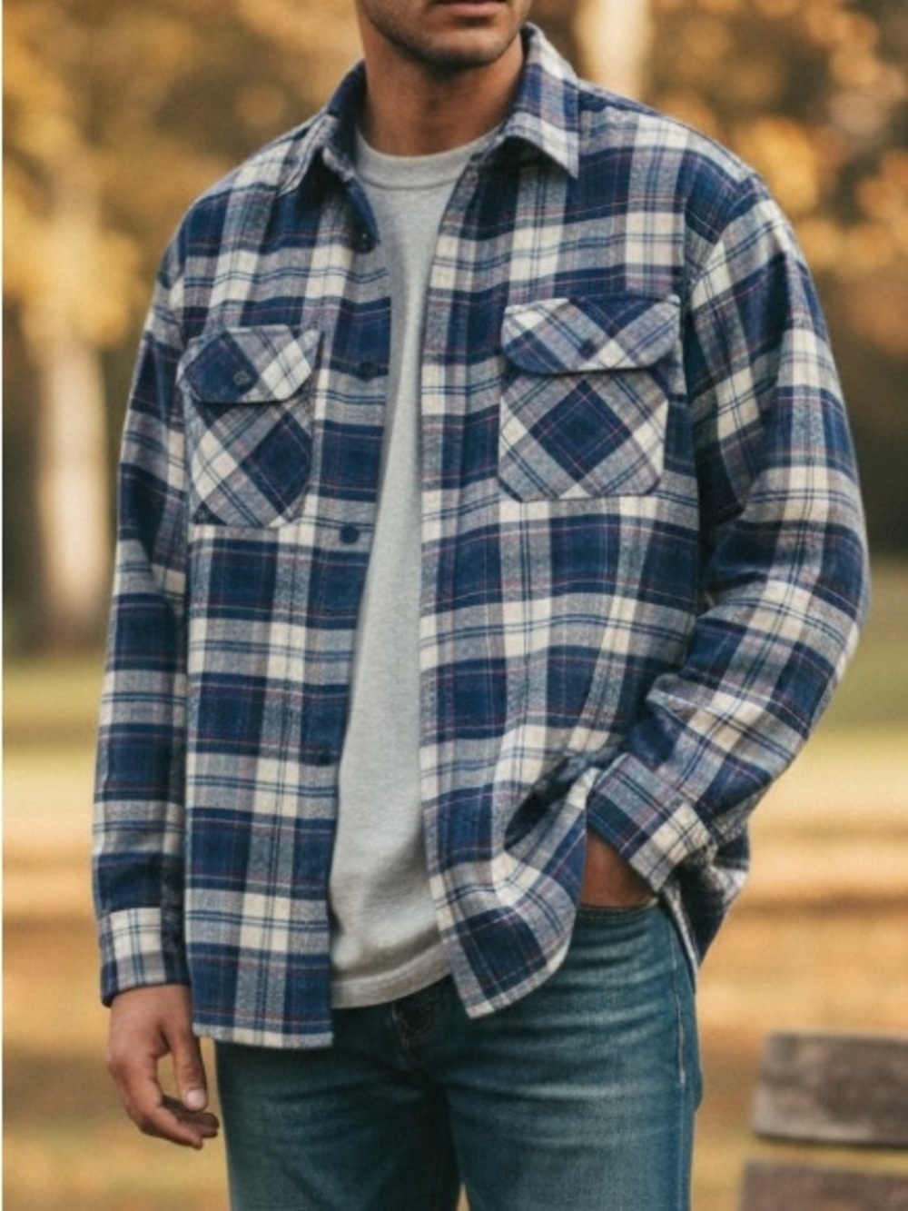 Pendleton Navy, Cream & Red Plaid Wool Shirt Mens Large Loop Collar